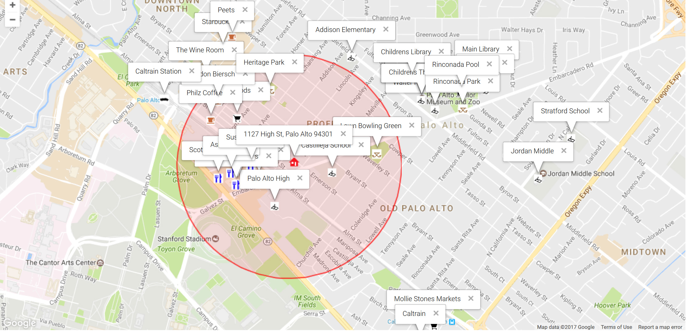 Map of attractions near 1127 High St, Palo Alto 94301