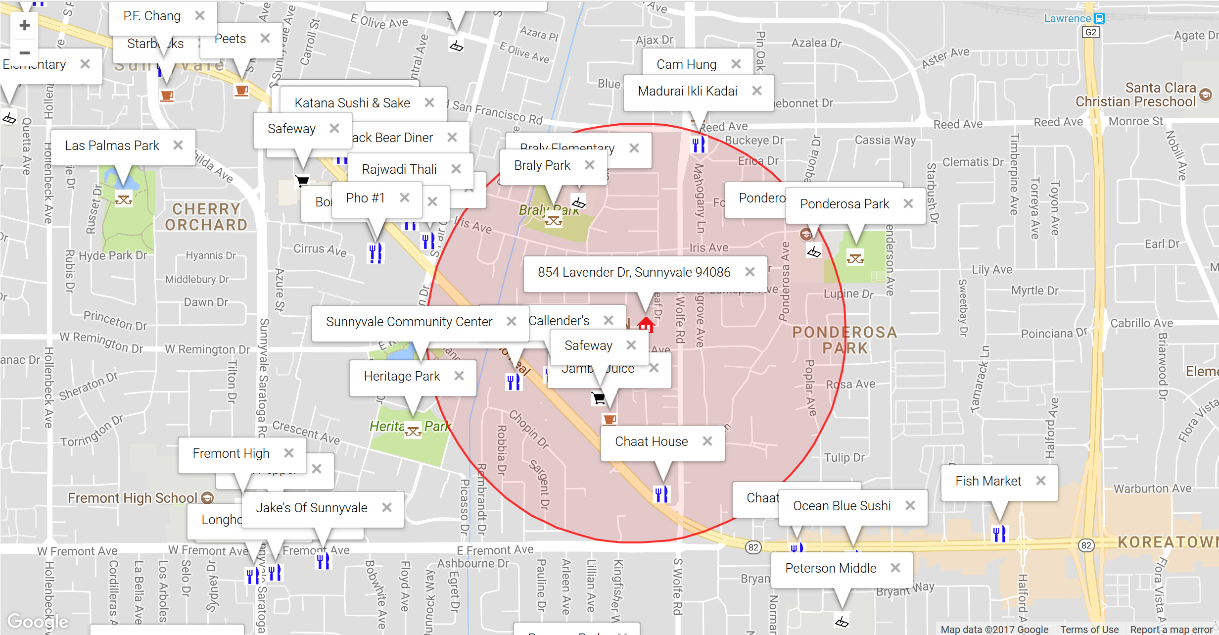 Map of attractions near 854 Lavender Dr, Sunnyvale 94086