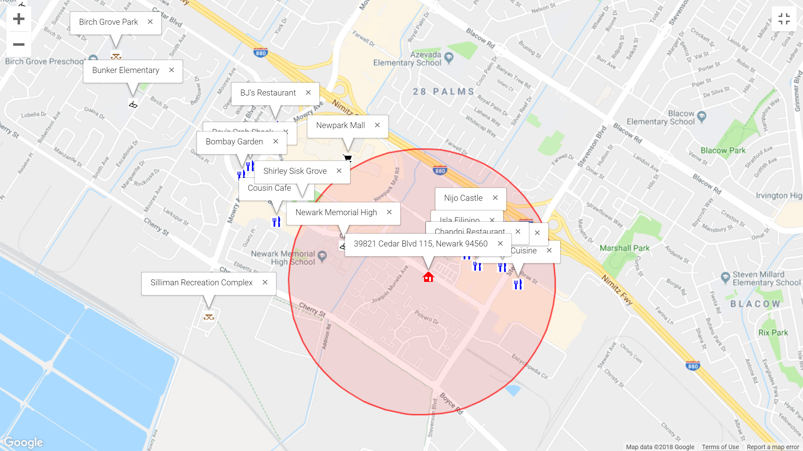 Map of attractions near 39821 Cedar Blvd 115, Newark 94560