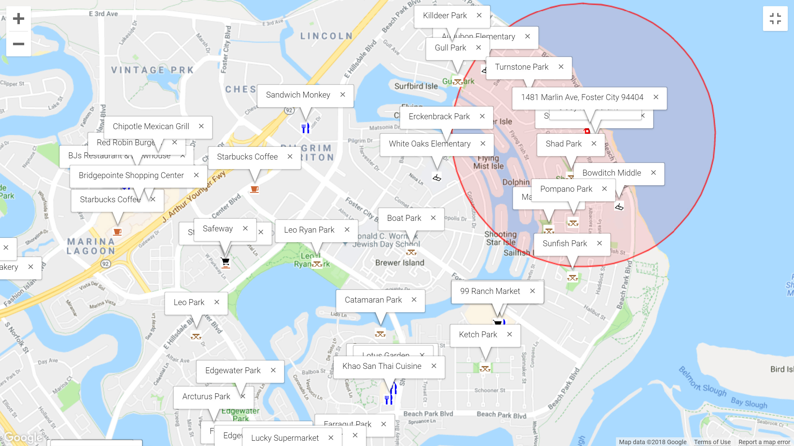 Map of attractions near 1481 Marlin Ave, Foster City 94404