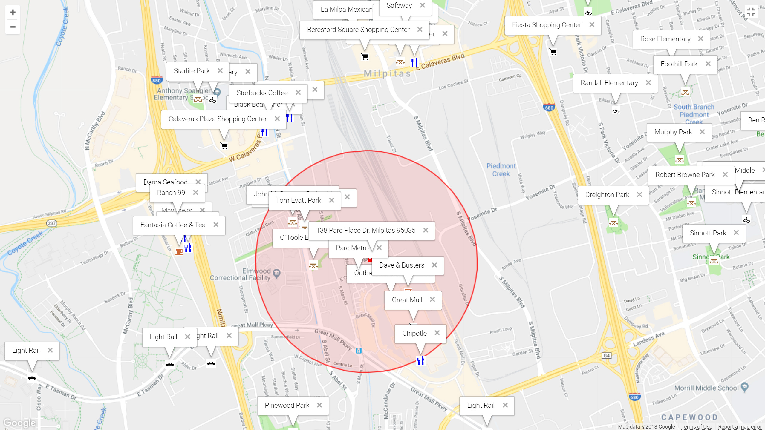 Map of attractions near 138 Parc Place Dr, Milpitas 95035