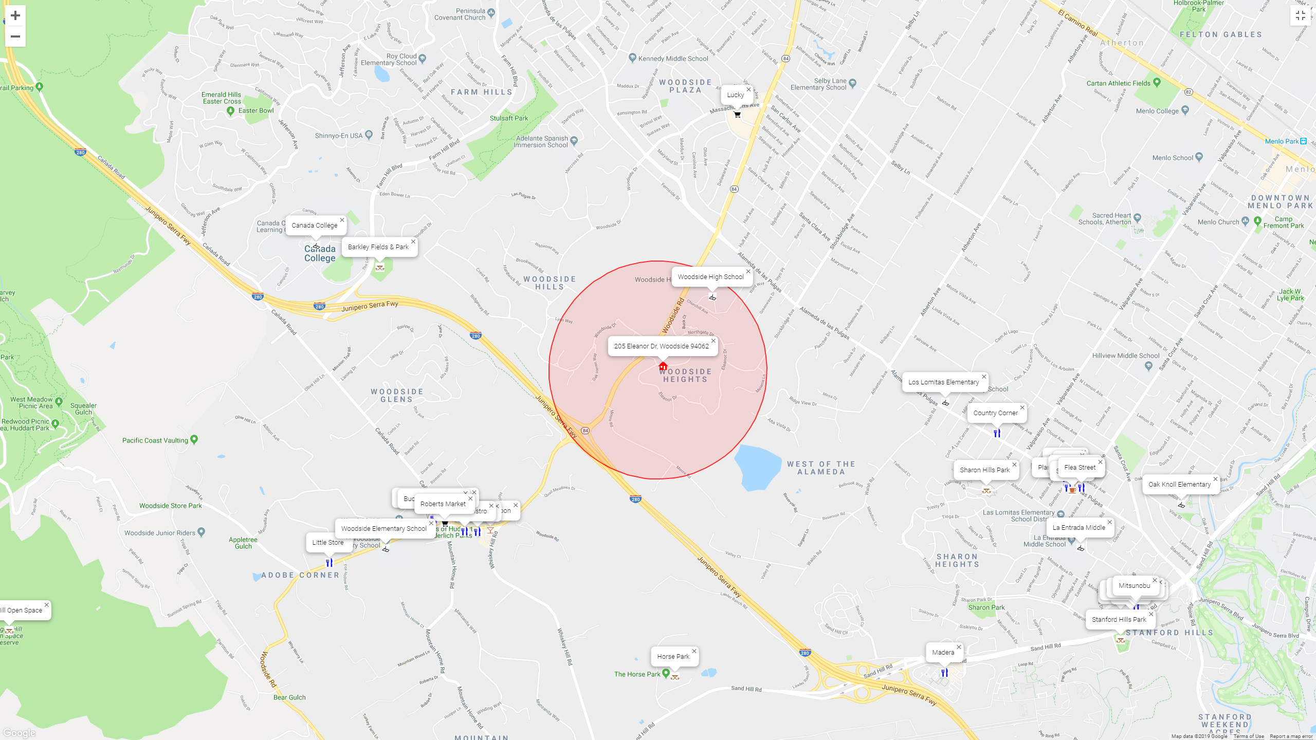 Map of attractions near 205 Eleanor Dr, Woodside 94062