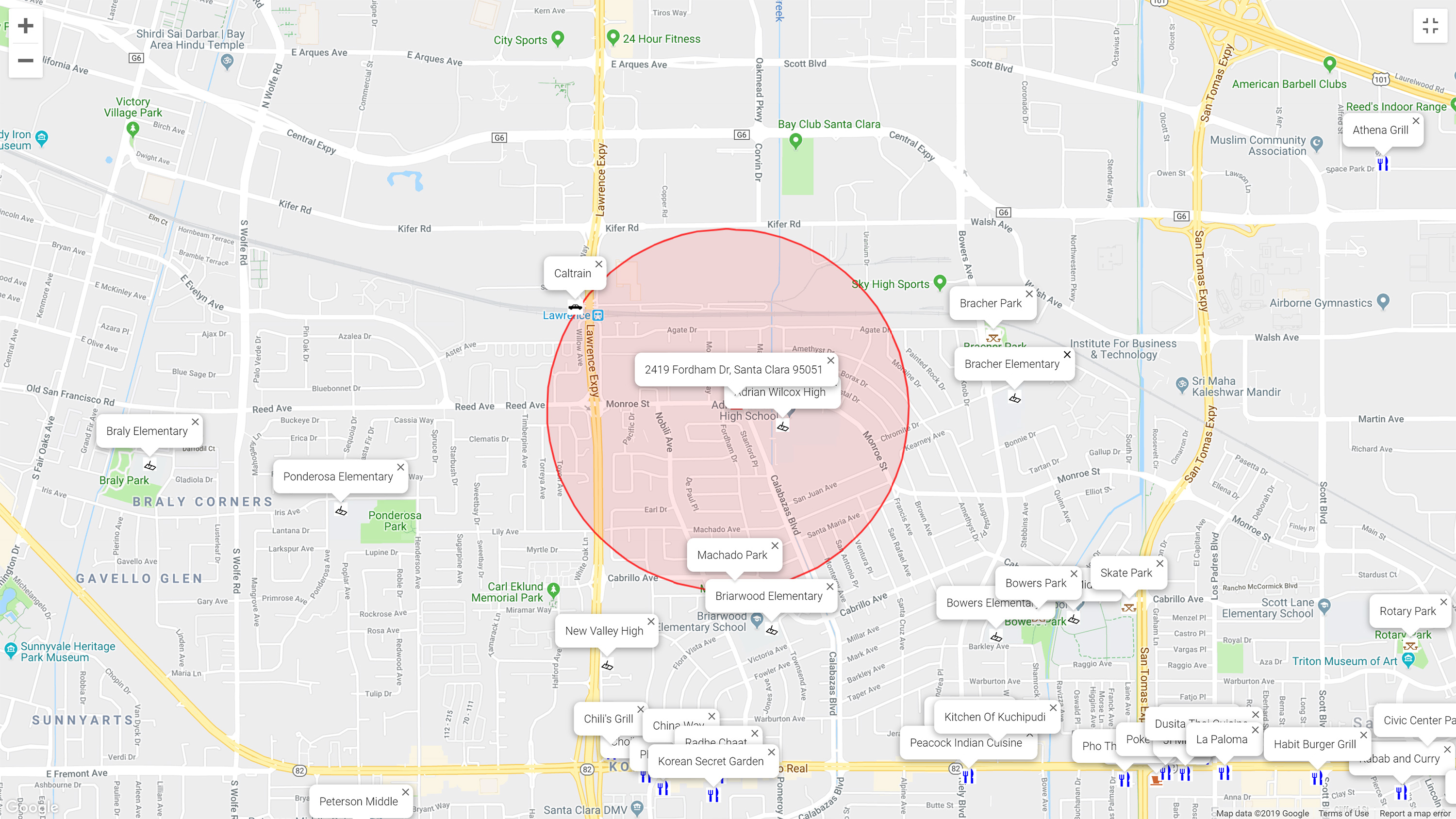 Map of attractions near 2419 Fordham Dr, Santa Clara 95051