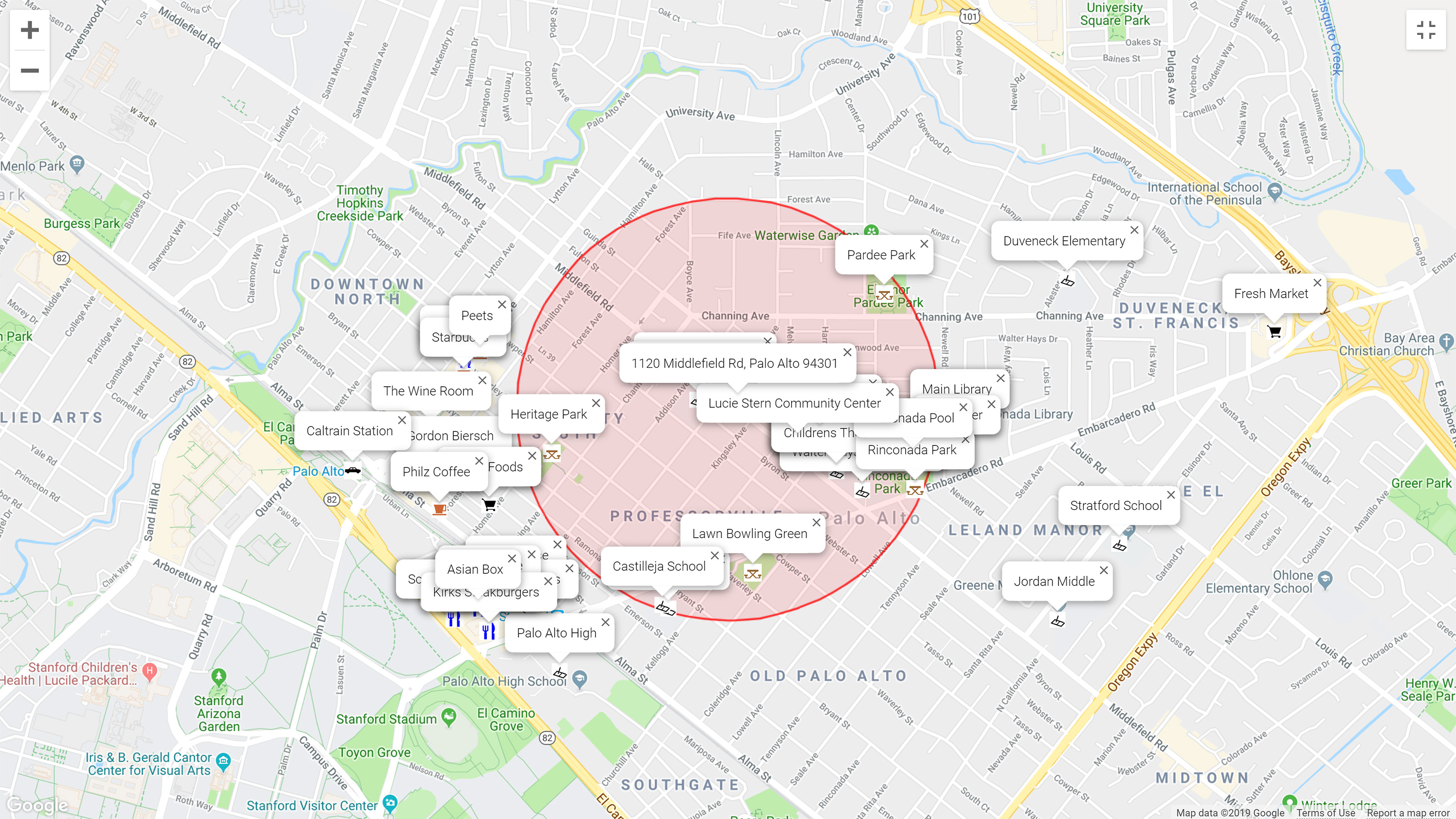 Map of attractions near 1120 Middlefield Rd, Palo Alto 94301