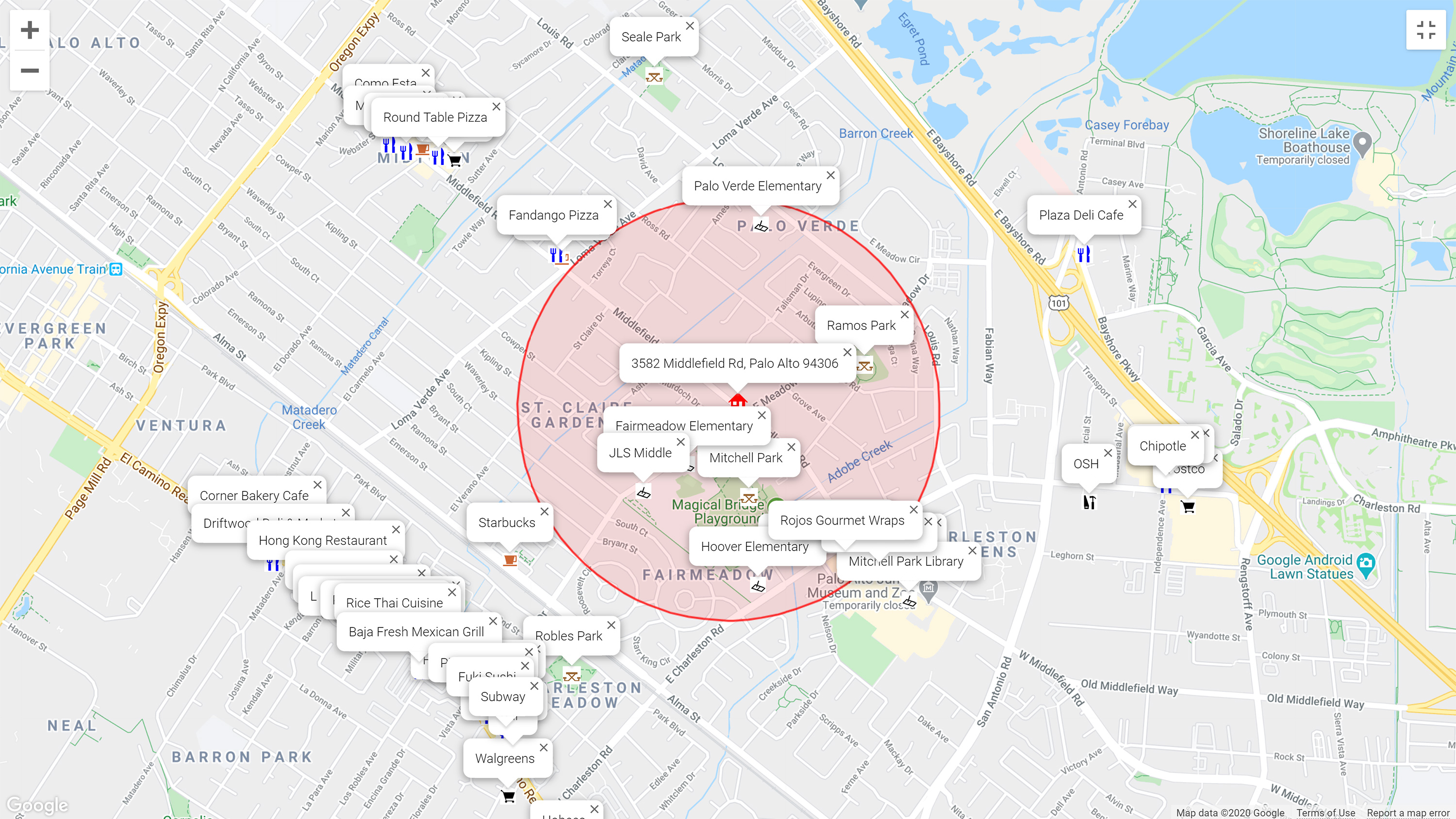 Map of attractions near 3582 Middlefield Rd, Palo Alto 94306