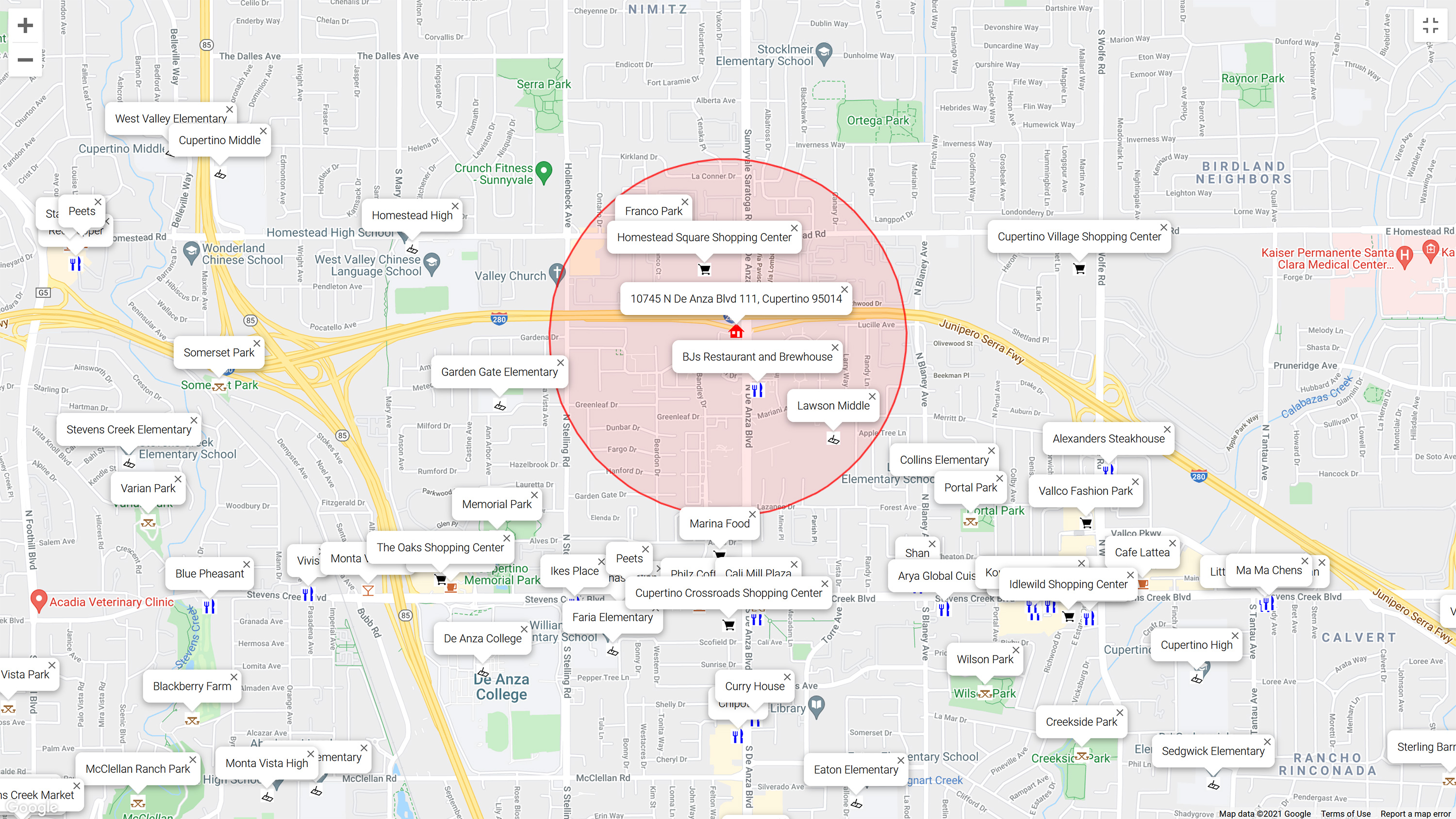 Map of attractions near 10745 N De Anza Blvd 111, Cupertino 95014