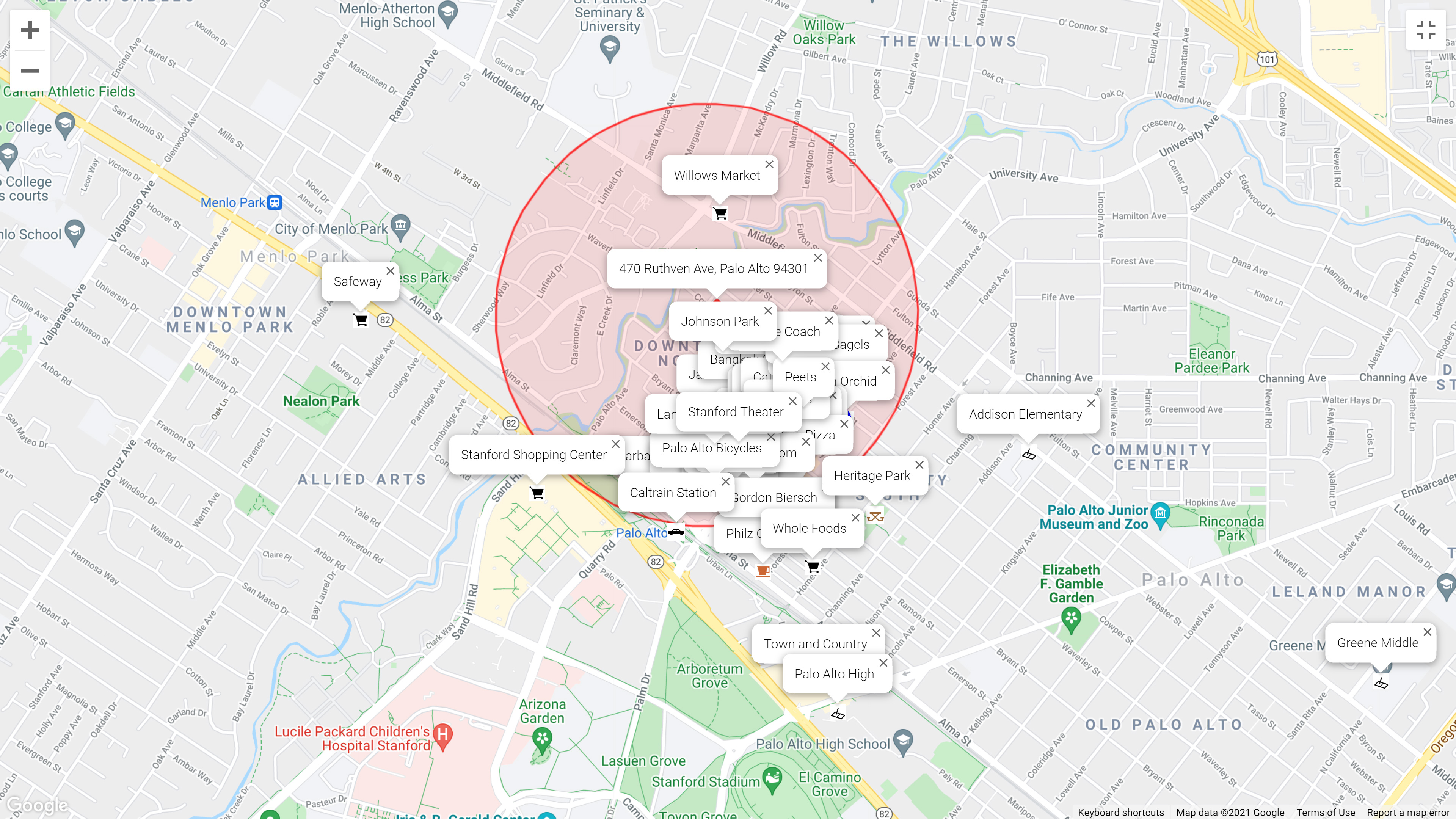 Map of attractions near 470 Ruthven Ave, Palo Alto 94301