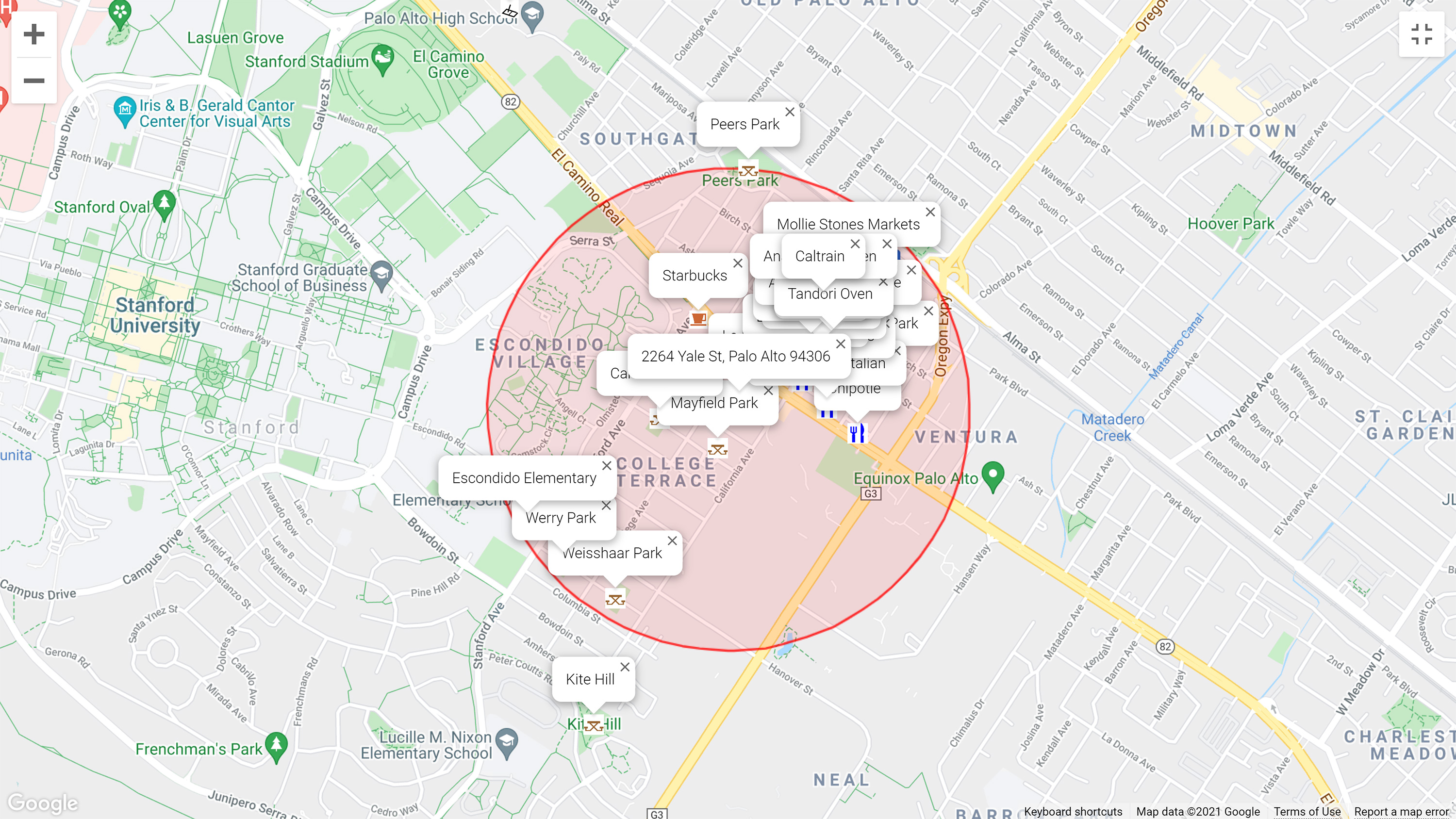 Map of attractions near 2264 Yale St, Palo Alto 94306