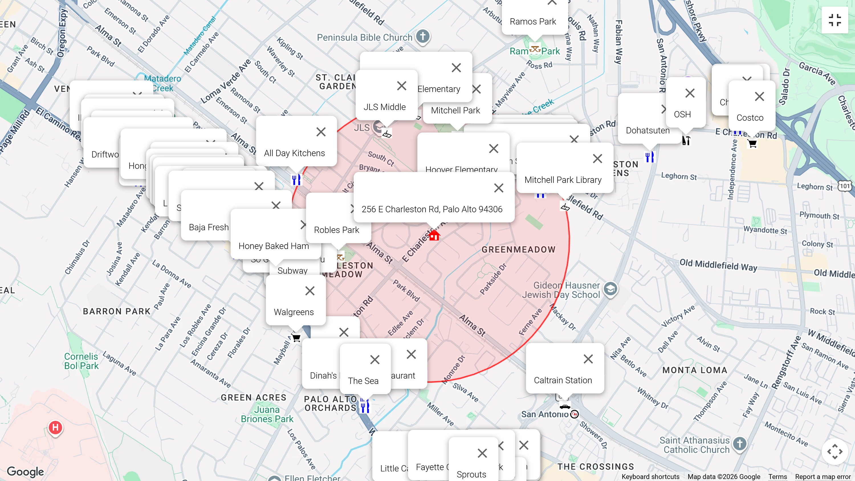 Map of attractions near 256 E Charleston Rd, Palo Alto 94306