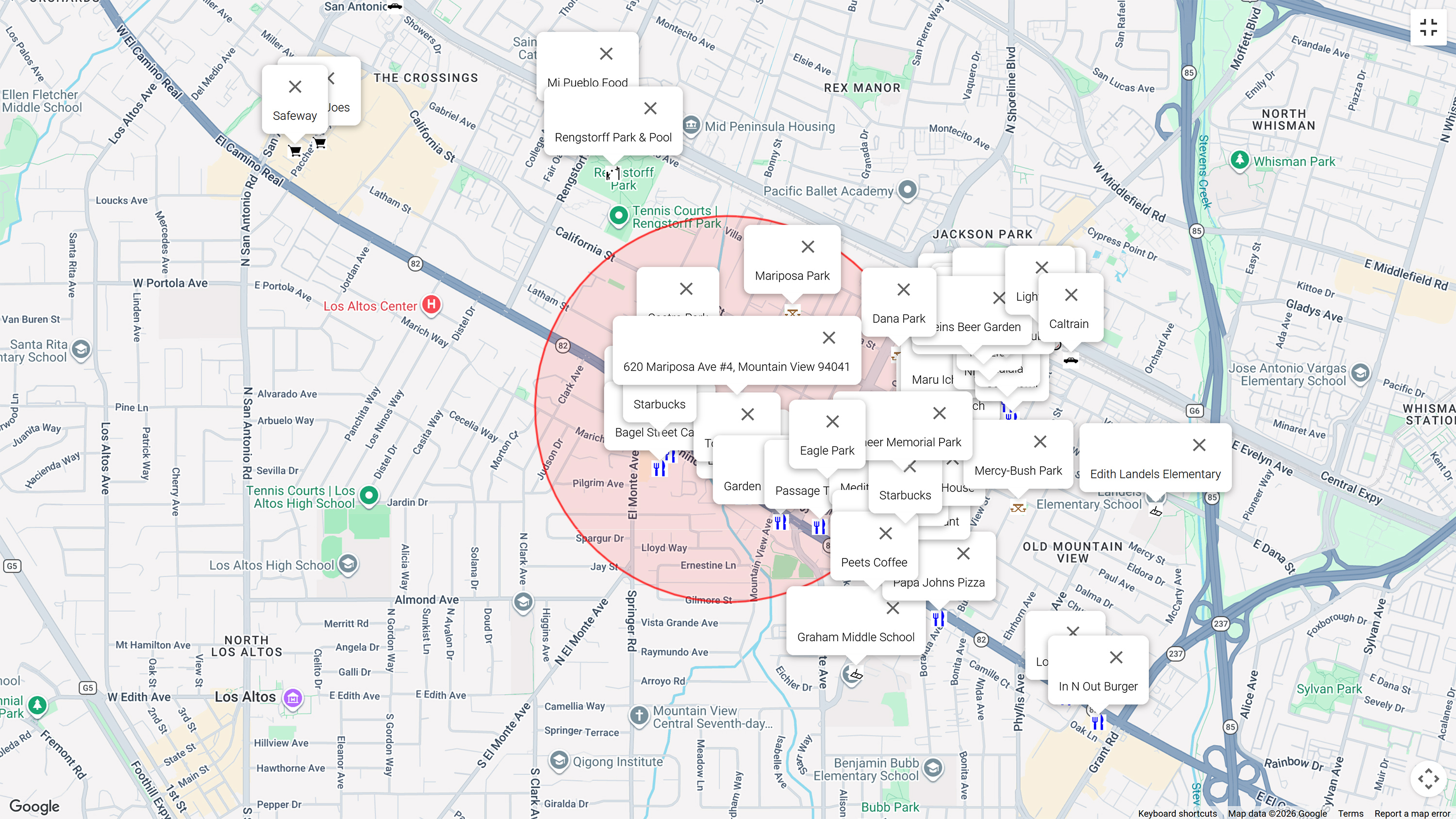 Map of attractions near 620 Mariposa Ave #4, Mountain View 94041